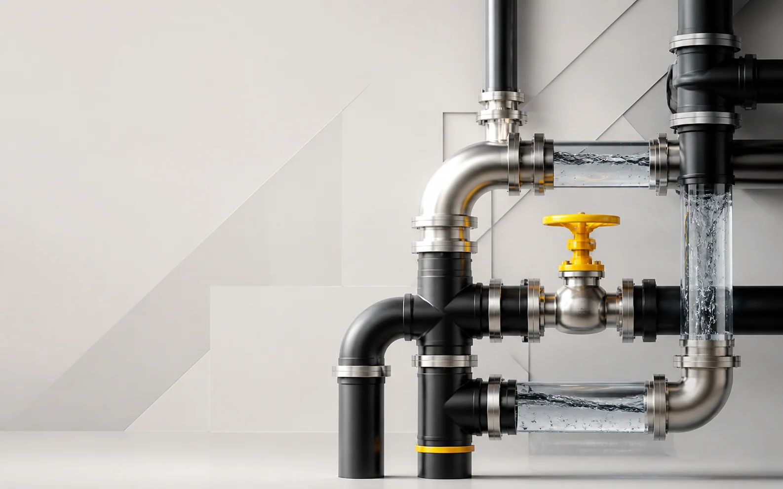 Conceptual black and steel plumbing network with a yellow valve